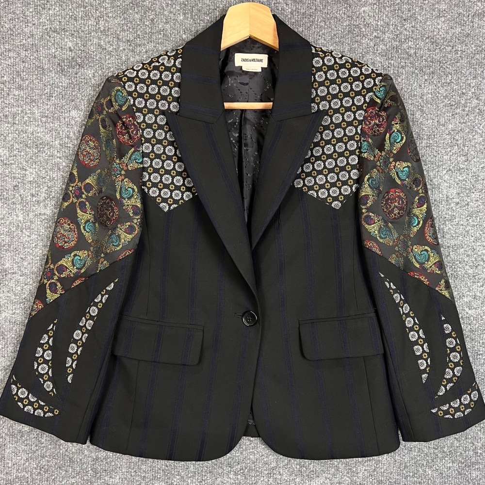 Zadig & Voltaire Blazer Womens 34 Black Excellent Brocade Patchwork Pinstripe